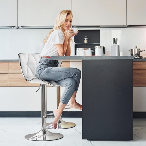 Bar Stools Set Of 2 White PU Leather Adjustable Swivel - Image 5