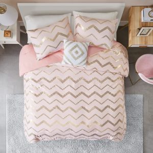 Ziggy Pink Rose Gold Geometric Comforter Set For Full Queen Bed