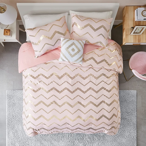 Ziggy Pink Rose Gold Geometric Comforter Set For Full Queen Bed