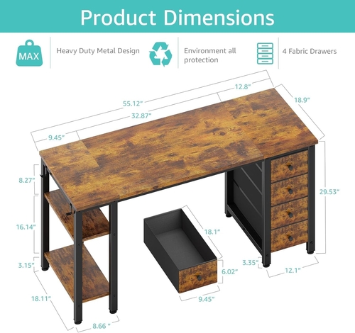 55 Inch Rustic Brown Computer Desk With 4 Fabric Drawers - Image 2