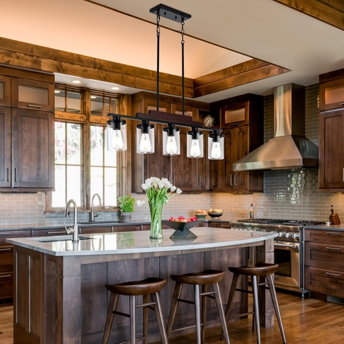 Five Light Farmhouse Linear Chandelier With Rustic Wood - Image 6