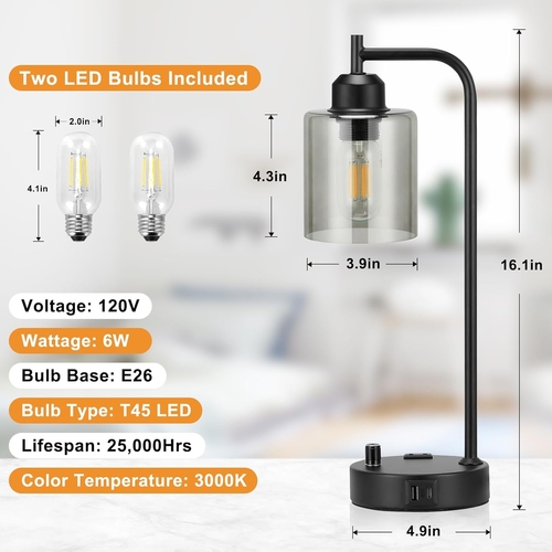 Industrial Desk Lamps 2 Pack Dimmable With USB C Ports - Image 7