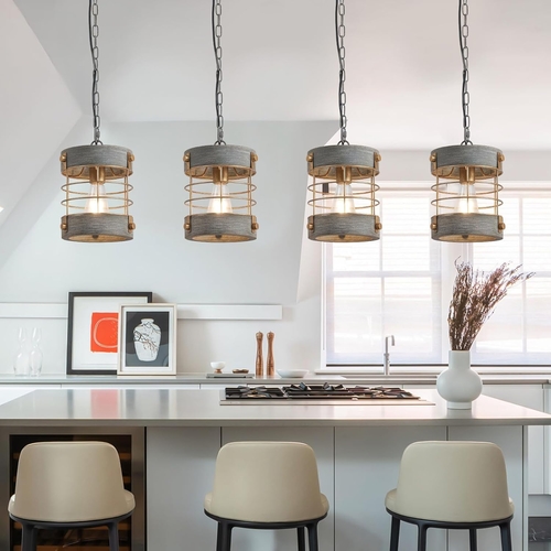 Rustic Farmhouse Pendant Light Adjustable Metal And Wood Blue Gray - Image 6
