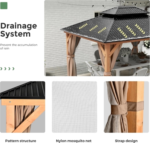 11x13 Wood Gazebo With Durable Outdoor Galvanized Steel Roof Netting - Image 6