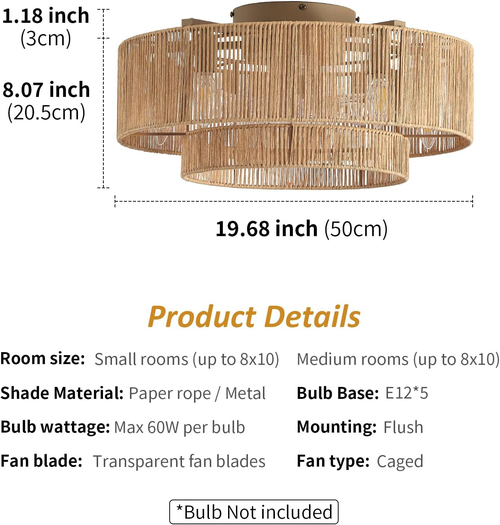 20 Inch Boho Rattan Ceiling Fan With Light And Remote - Image 5