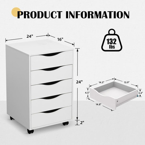 5 Drawer File Cabinet White For Home Office Organization - Image 2