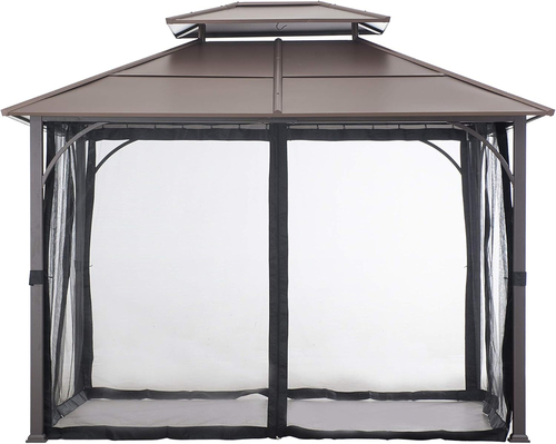 10x12 Brown Hardtop Gazebo With Steel Frame And Netting For Outdoor - Image 5