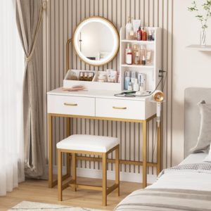 White Round LED Makeup Vanity Mirror With Charging Station 31.5 Inch