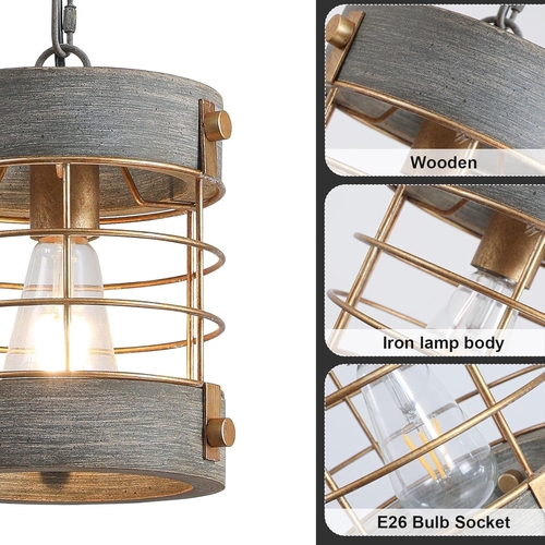 Rustic Farmhouse Pendant Light Adjustable Metal And Wood Blue Gray - Image 2