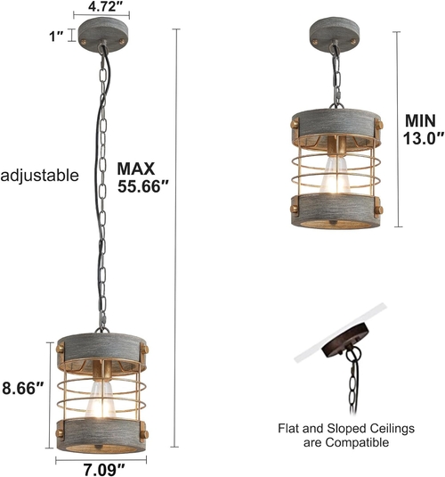 Rustic Farmhouse Pendant Light Adjustable Metal And Wood Blue Gray - Image 4