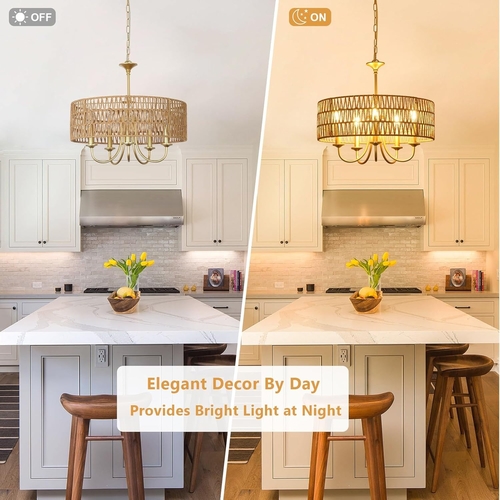 Gold 5 Light Rattan Boho Chandelier Pendant Lighting - Image 2