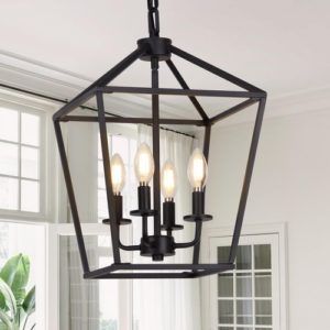 4 Light Black Lantern Chandelier With Adjustable Height