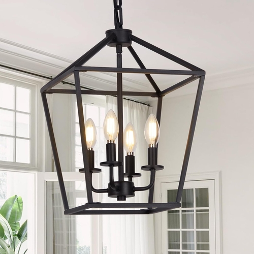 4 Light Black Lantern Chandelier With Adjustable Height