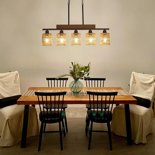Rattan Farmhouse 5 Light Linear Chandelier Black Lighting - Image 7