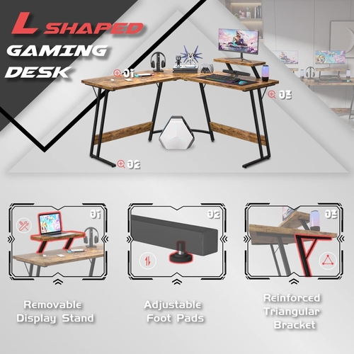 L Shaped Gaming Desk 51 Inch With Monitor Riser Brown - Image 7