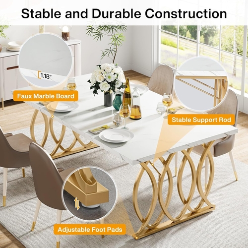 63 Inch Dining Table With Faux Marble Top For Kitchen And Dining Room - Image 7