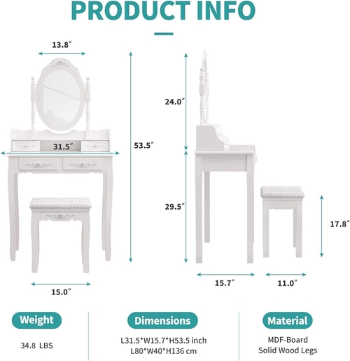 Wood Makeup Vanity Table Set With Detachable Mirror - Image 6