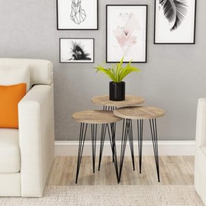 Grey Pine Wood Round Nesting End Tables Set Of 3 With Metal Frame