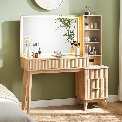 Oak Fluted Makeup Vanity 48 Inch With Lighted Mirror