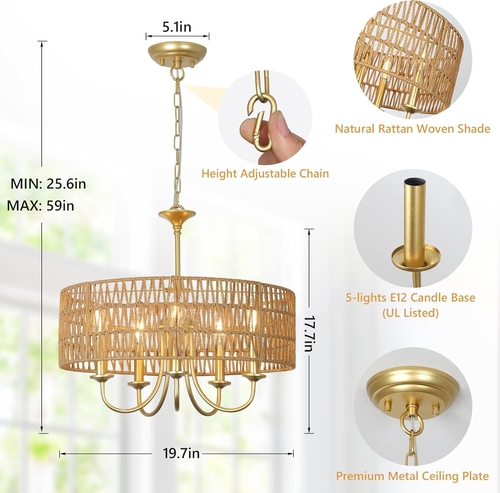 Gold 5 Light Rattan Boho Chandelier Pendant Lighting - Image 3