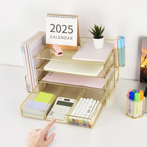 4 Tier Paper Tray Organizer With Drawer For Office Use - Image 5