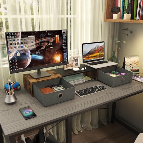 Dual Monitor Stand Riser For Two Monitors With Two Drawers - Image 4