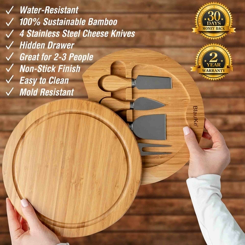 Bamboo Cheese Board and Knife Set - 10 Inch Swiveling Charcuterie - Image 2