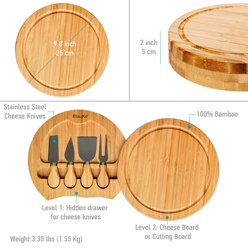 Bamboo Cheese Board and Knife Set - 10 Inch Swiveling Charcuterie - Image 3