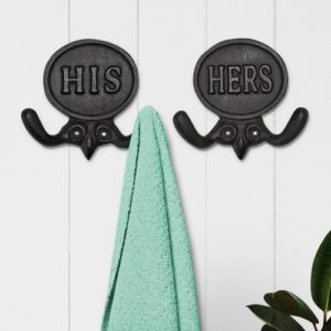 Set of 2 “His & Hers” Towel Hooks – 5.8” Rustic Cast Iron Bathroom