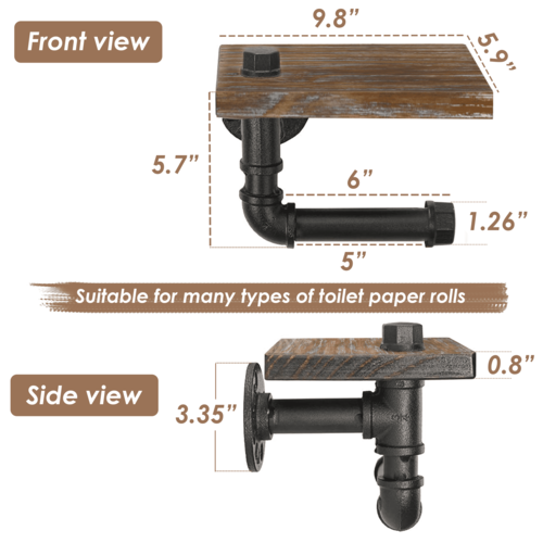 (9.8 in - Rustic Brown) Industrial Toilet Paper Holder with Shelf, - Image 2