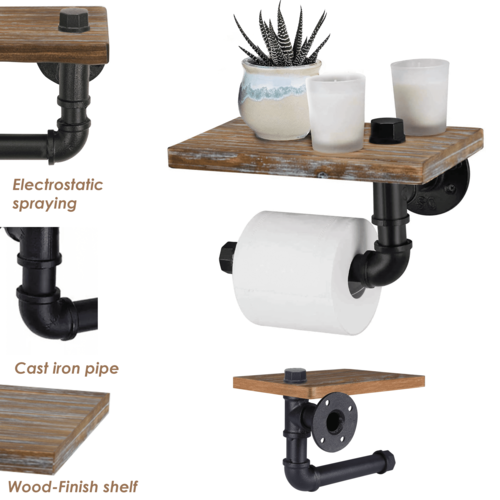 (9.8 in - Rustic Brown) Industrial Toilet Paper Holder with Shelf, - Image 3