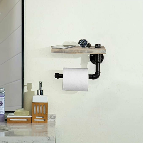(9.8 in - Rustic Brown) Industrial Toilet Paper Holder with Shelf, - Image 6