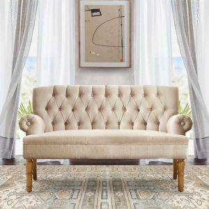 Warm Beige Tufted Linen Love Seat For Small Spaces