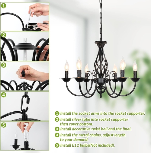 Six Light Matte Black Farmhouse Ceiling Chandelier Fixture - Image 6