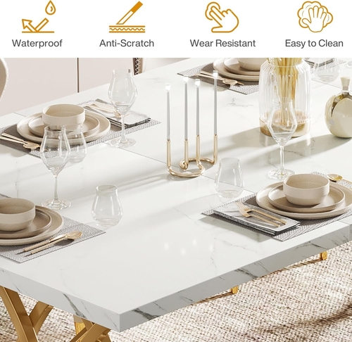63 Inch Dining Table With Faux Marble Top For Kitchen And Dining Room - Image 6