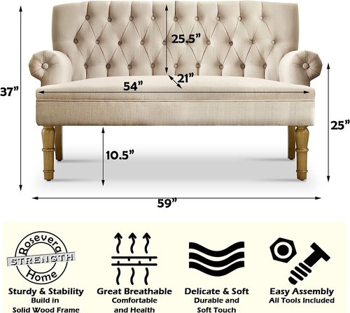 Warm Beige Tufted Linen Love Seat For Small Spaces - Image 2