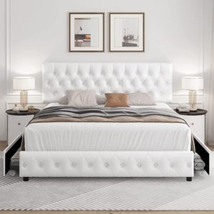 Queen Upholstered Bed Frame With Under Bed Drawers