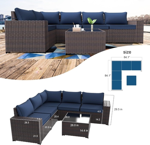 Navy Blue 6 Piece Outdoor Patio Sectional Sofa Set With PE Rattan - Image 6