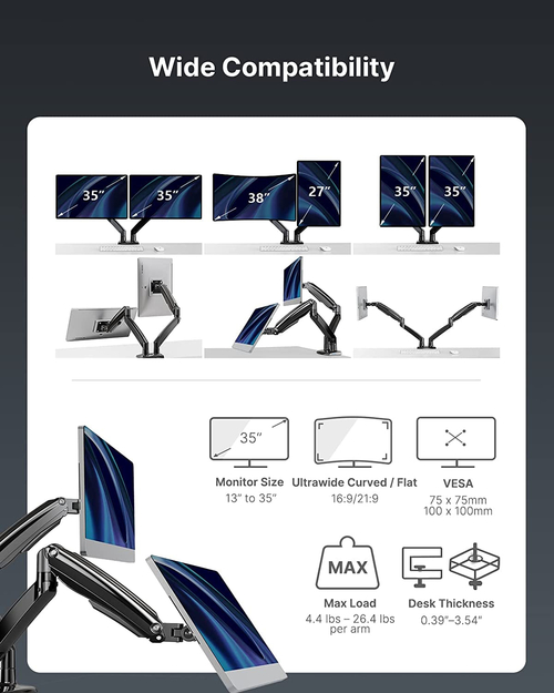 Dual Monitor Stand With USB Port Height Adjustable Arms - Image 3
