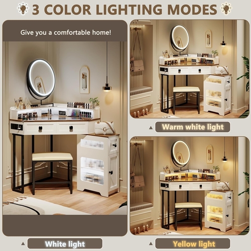 White Corner Vanity Mirror With Built In Charging Station - Image 2