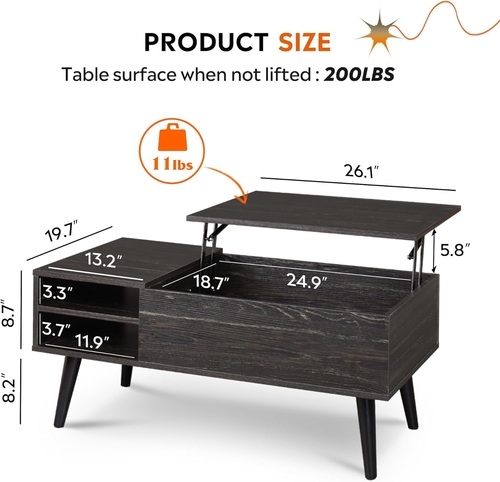 Wood Lift Top Coffee Table Hidden Compartment Charcoal - Image 2