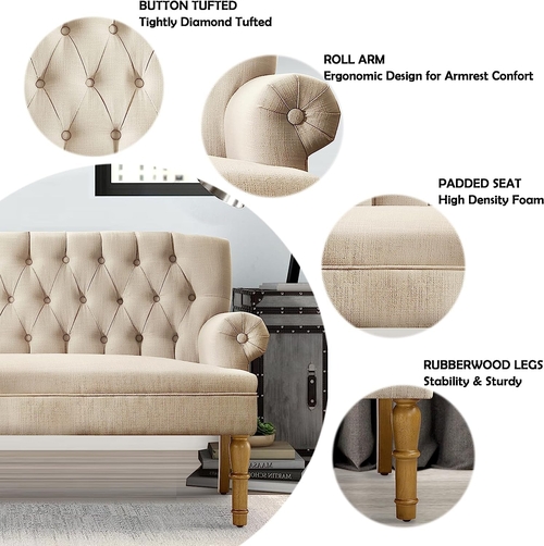 Warm Beige Tufted Linen Love Seat For Small Spaces - Image 3