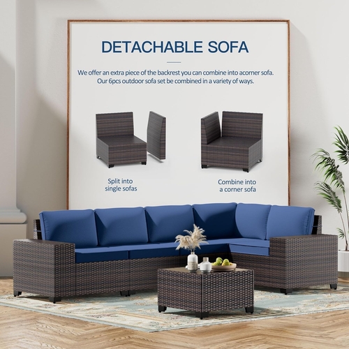 Navy Blue 6 Piece Outdoor Patio Sectional Sofa Set With PE Rattan - Image 5
