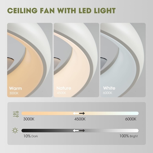 20 Inch Flush Mount Ceiling Fan With Lights Remote White Dimmable LED - Image 3