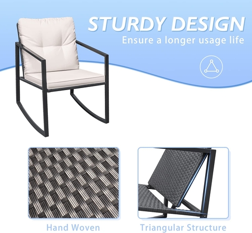 Beige 3 Piece Rocking Wicker Bistro Set With Glass Coffee Table For - Image 4