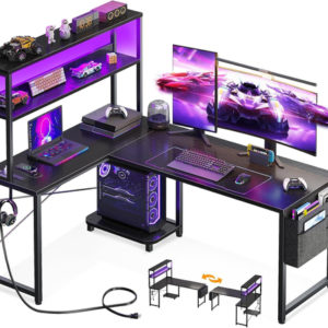 L Shaped Gaming Desk With LED Lights And Power Outlets