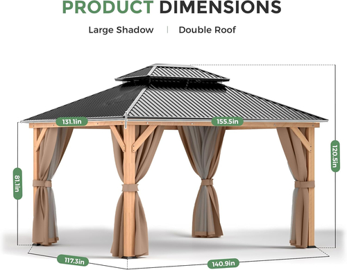 11x13 Wood Gazebo With Durable Outdoor Galvanized Steel Roof Netting - Image 2
