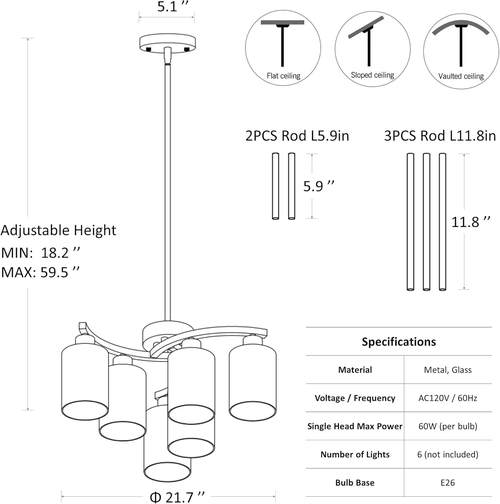 Six Light Black Farmhouse Chandelier With Adjustable Height - Image 5