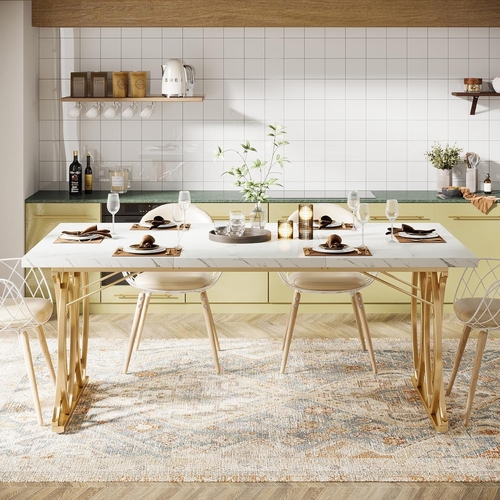 63 Inch Dining Table With Faux Marble Top For Kitchen And Dining Room - Image 4