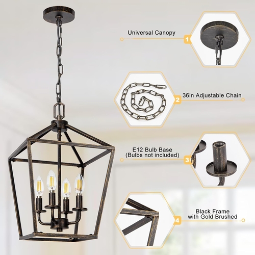 Industrial Black and Gold 4 Light Chandelier With Adjustable Chain - Image 5